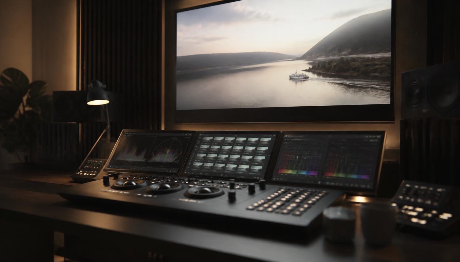 Colour grading suite with calibrated reference monitor and control surface