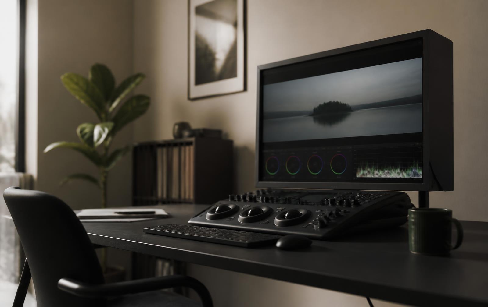 Post-production studio with a colour-grading monitor and control surface